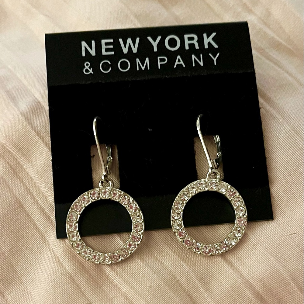 New York & Company silver and rhinestone hoop circle earrings